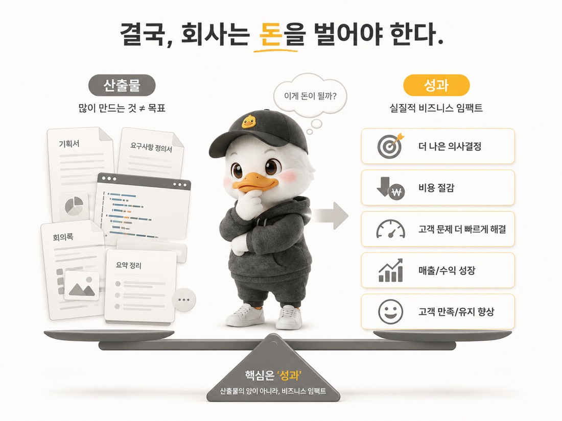 산출물의 양과 실제 성과를 저울에 올린 그림, 회사는 결국 돈을 벌어야 한다는 메시지
