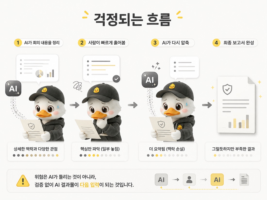 AI가 정리한 회의록을 사람이 훑고 AI가 다시 압축해 보고서가 되는 흐름, 검증 없는 결과물이 다음 입력이 되는 구조