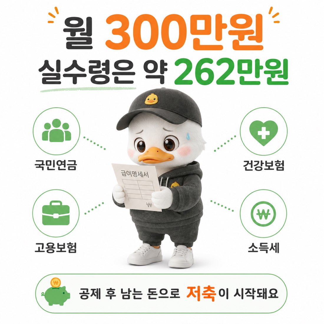 공제 후 남은 실수령 262만원을 한 달 생활비와 저축으로 나누는 신입 개발자 가계 그림