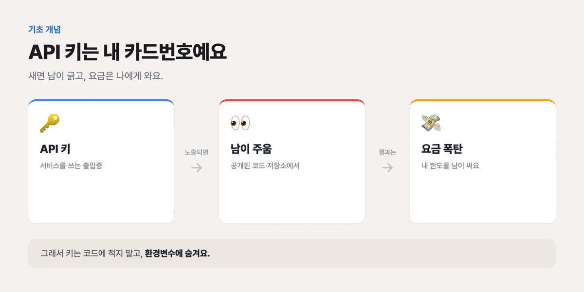 API 키를 카드번호에 빗댄 개념 그림, 키가 노출되면 남이 내 한도를 쓰고 요금은 나에게 청구되는 위험