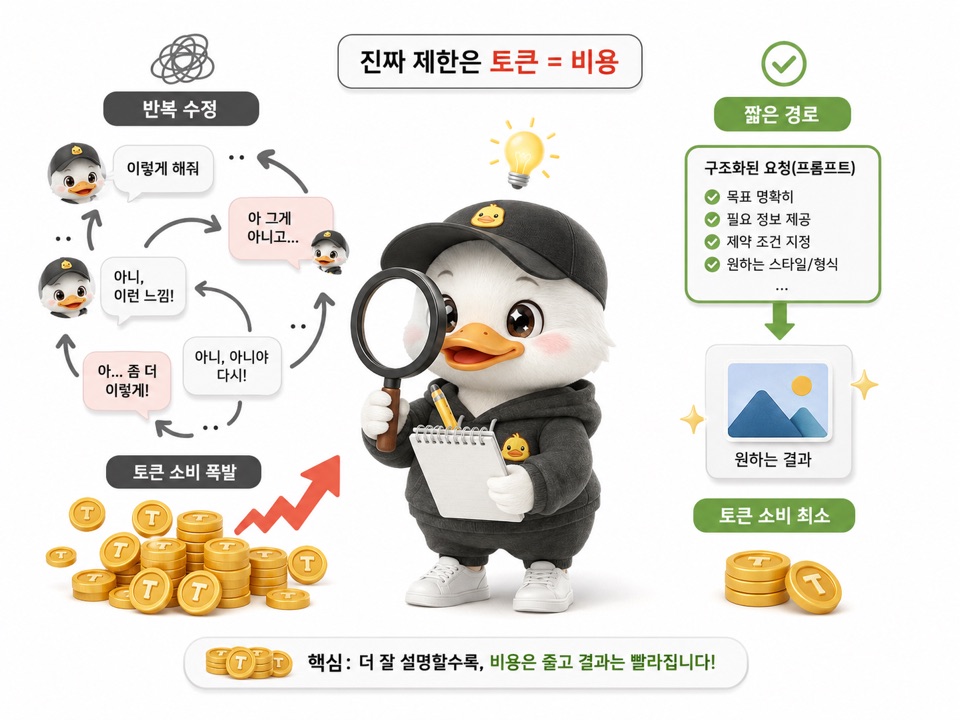 AI 바이브 코딩에서 반복 대화로 토큰 비용이 늘어나는 문제를 설명하는 이미지