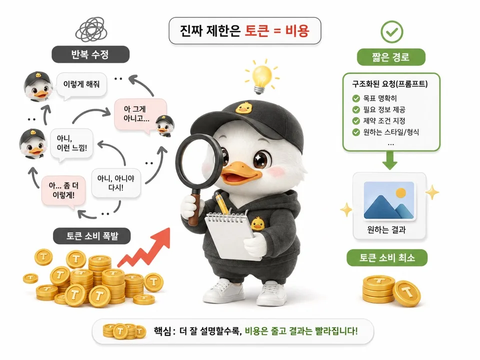 AI 바이브코딩에서 반복 대화로 토큰 비용이 늘어나는 문제를 설명하는 이미지