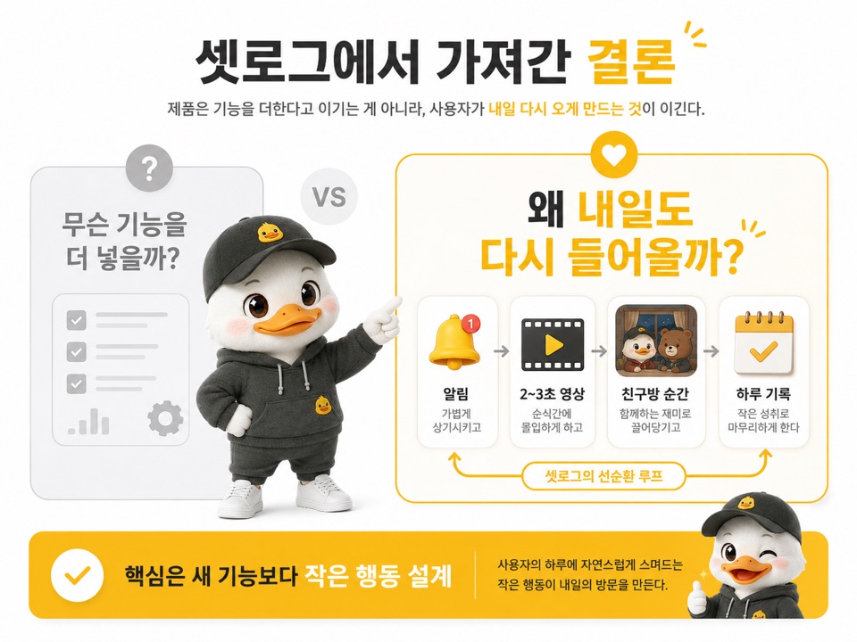 셋로그에서 가져간 결론으로 새 기능보다 작은 행동 설계가 중요하다는 내용을 정리한 이미지