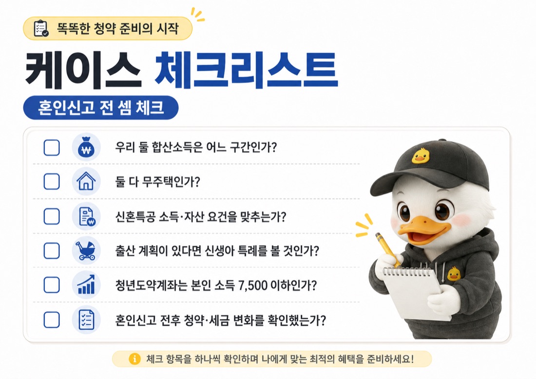 혼인신고 전 셈해볼 부부합산 소득·무주택·청약통장·청년도약·출산 계획 5가지 신혼부부 체크리스트