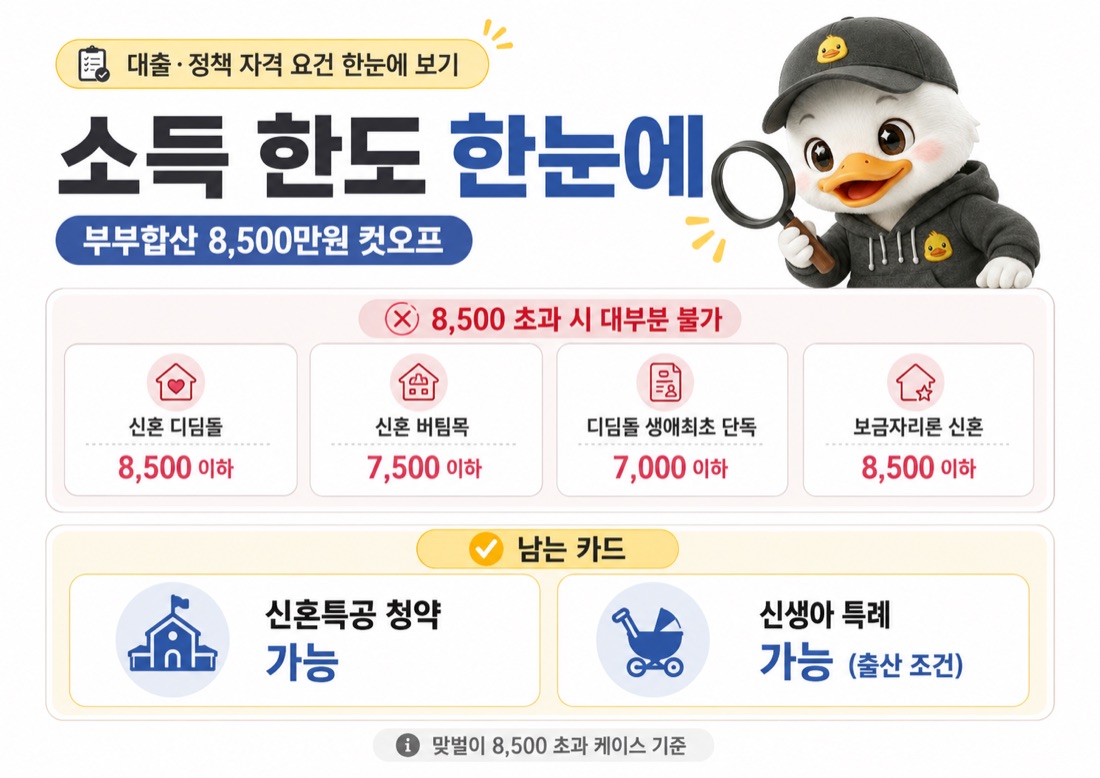 신혼부부 정책대출 부부합산 소득 한도 비교, 신혼 디딤돌·버팀목·생초 단독·보금자리론이 8,500 라인에서 끊기는 컷오프