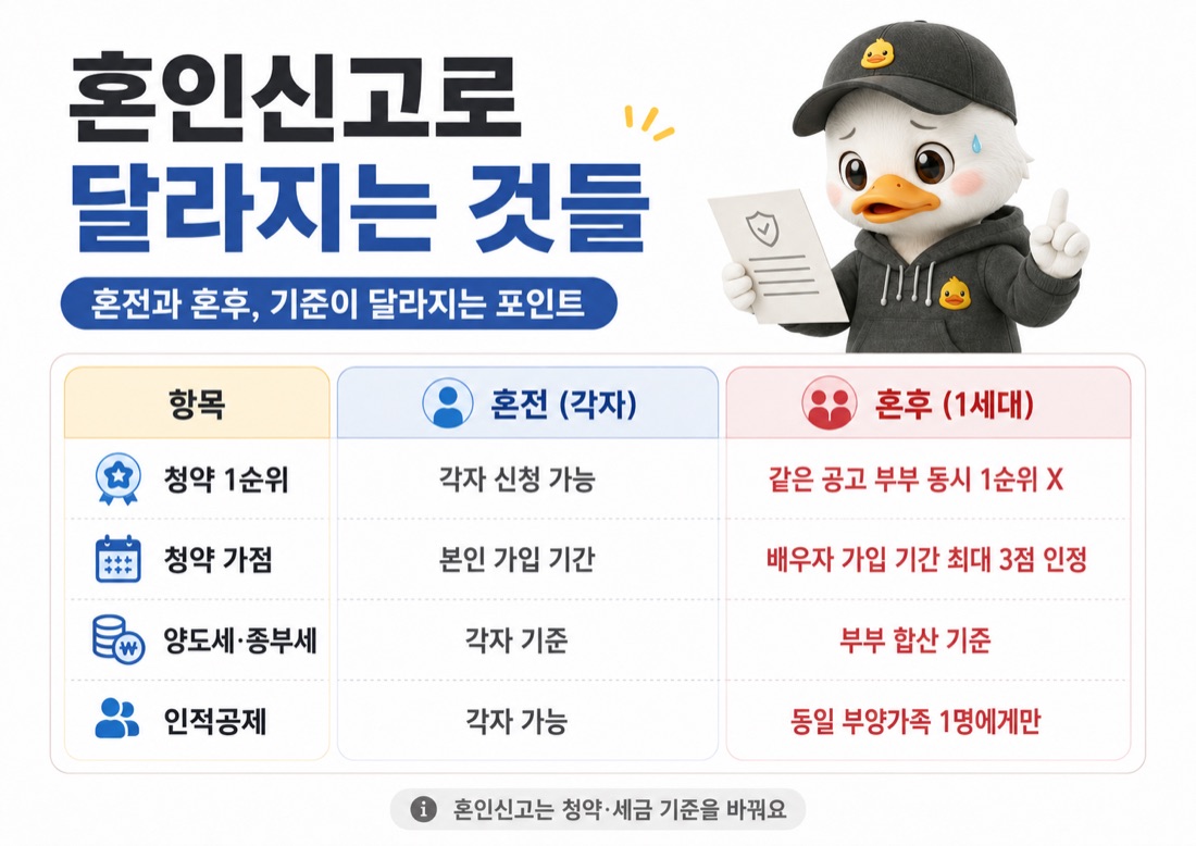 혼인신고 후 1세대 합산 적용으로 달라지는 청약·양도세·종부세·인적공제 항목별 변화 비교