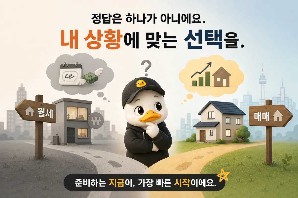 행복주택 외에 월세와 매매 갈림길에서 내 상황에 맞는 선택을 고민하는 일러스트